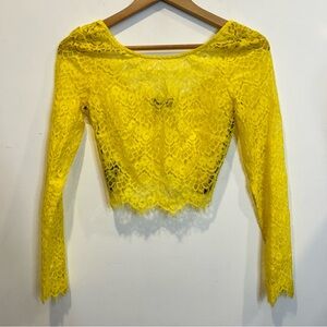 Bebe Sheer Lace Long Sleeve Cropped Top Shirt Yellow